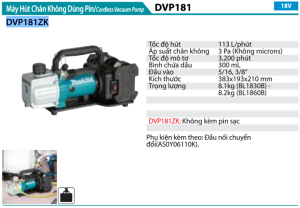 Máy Hút Chân Không Dùng Pin Makita DVP181ZK (18v) (không kèm pin sạc)