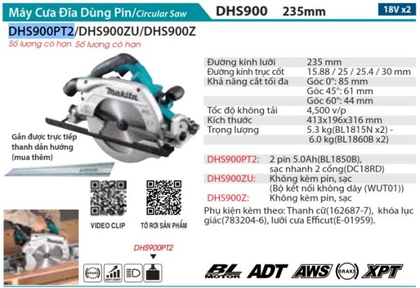 Máy Cưa Đĩa Dùng Pin Makita DHS900PT2 (235mm/aws/bl)(18vx2 (kèm 02 pin 5.0 + sạc nhanh)