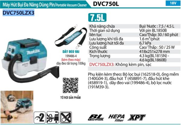 Máy Hút Bụi Đa Năng Dùng Pin Makita DVC750LZX3 (bộ lọc bụi (không kèm pin sạc)