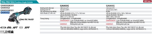 Máy Mài Góc Dùng Pin Makita GA005GZ (125mm/công tắc trượt (không kèm pin sạc)