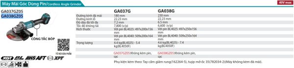Máy Mài Góc Dùng Pin Makita GA038GZ05 (230mm/công tắc bóp/ (không kèm pin sạc)
