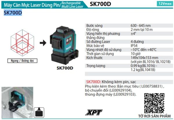 Máy Cân Mực Laser Tia Đỏ Dùng Pin Makita SK700D (12v ma (chưa kèm pin sạc)