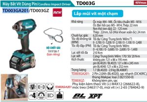Máy Bắt Vít Dùng Pin Makita TD003GA201 (bl)(40v max) kèm 02 pin +  1 sạc