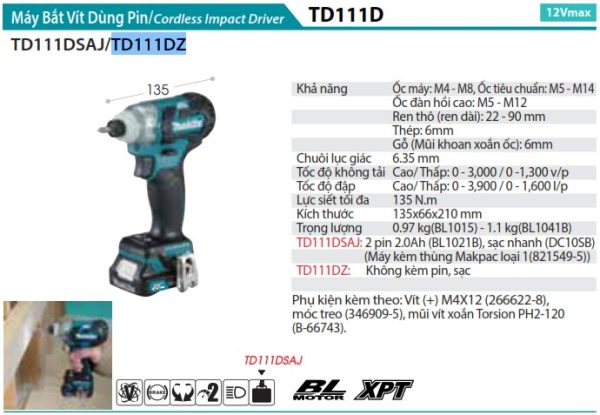 Máy Bắt Vít Dùng Pin Makita TD111DZ (bl)(12v max) (không kèm pin sạc)
