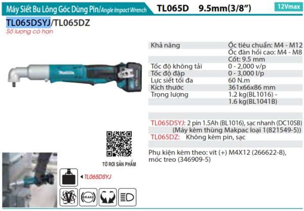 Máy Siết Bu Lông Góc Dùng Pin Makita TL065DSYJ (12v max) (kèm 01 pin + sạc)