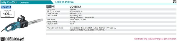 Máy Cưa Xích Dùng Điện Makita UC4551A (450mm/91px)